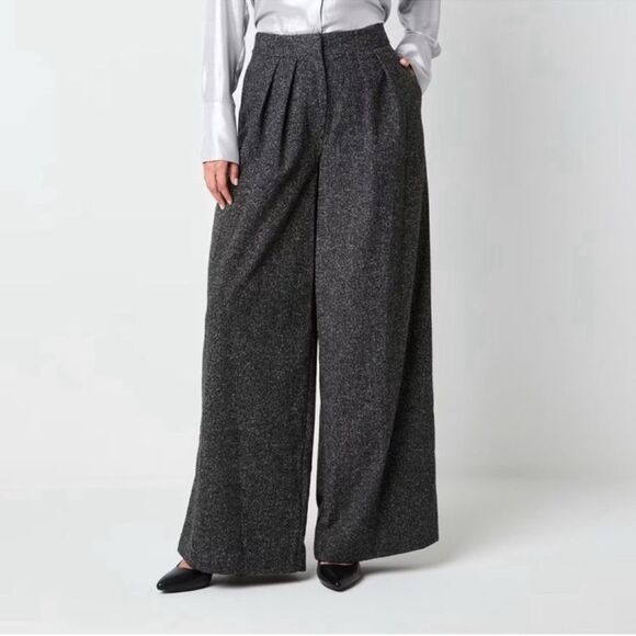 NWT ELEGANT WIDE-LEG PANTS Black melange Size 2 - Picture 1 of 15